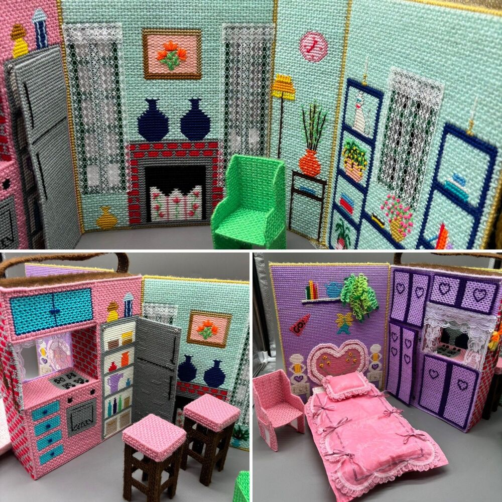 Vintage Plastic Canvas Dollhouse Portable Needlepoint House Furniture Handmade